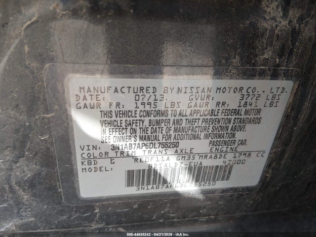 Aukcja sprzedaży 2013 Nissan Sentra Sv, vin: 3N1AB7AP6DL755250, numer aukcji: 44855242