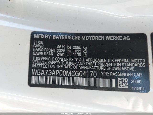 2021 Bmw 430i Xdrive მანქანა იყიდება აუქციონზე, vin: WBA73AP00MCG04170, აუქციონის ნომერი: 44855243