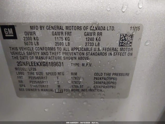 Aukcja sprzedaży 2016 Chevrolet Equinox Ls, vin: 2GNFLEEKXG6189631, numer aukcji: 44855251