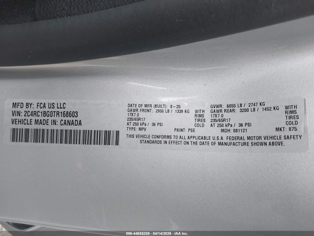 Продажа на аукционе авто 2026 Chrysler Pacifica Select, vin: 2C4RC1BG0TR168603, номер лота: 44855259