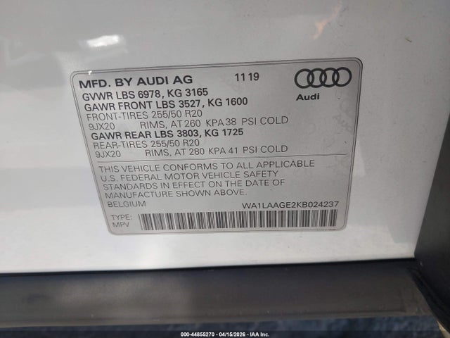 Aukcja sprzedaży 2019 Audi E-tron Premium Plus, vin: WA1LAAGE2KB024237, numer aukcji: 44855270