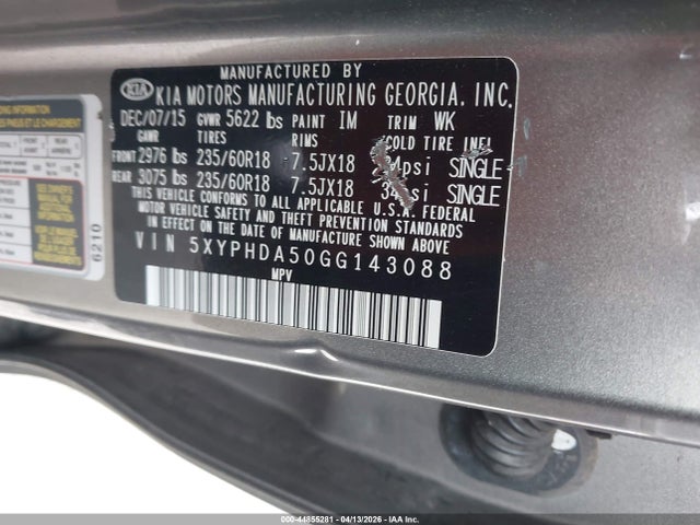 Aukcja sprzedaży 2016 Kia Sorento 3.3l Ex, vin: 5XYPHDA50GG143088, numer aukcji: 44855281
