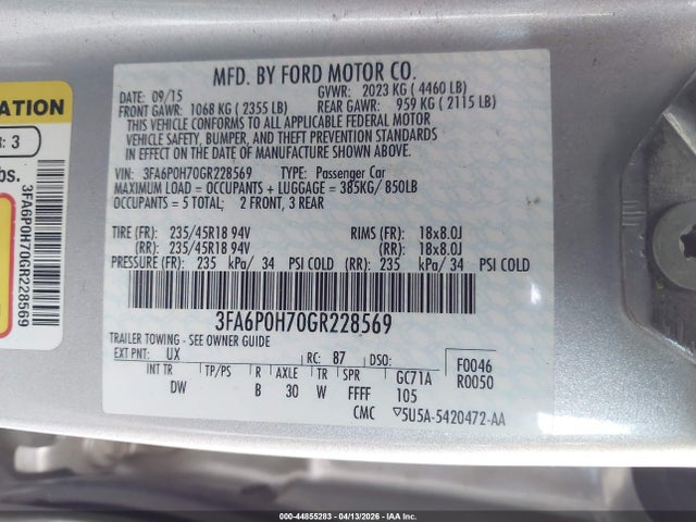 Ford FUSION SE 2016 3FA6P0H70GR228569 Image 9