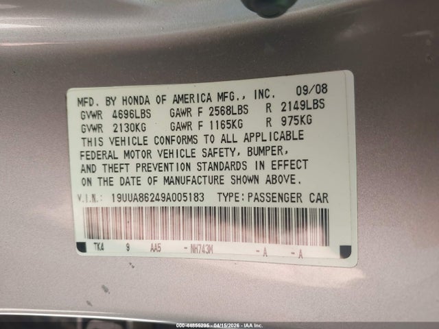2009 Acura Tl 3.5 მანქანა იყიდება აუქციონზე, vin: 19UUA86249A005183, აუქციონის ნომერი: 44855295