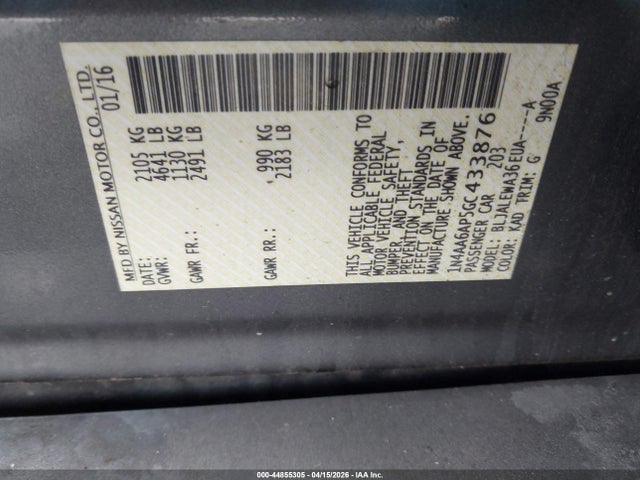 44855305 :رقم المزاد ، 1N4AA6AP5GC433876 vin ، 2016 Nissan Maxima 3.5 Sl مزاد بيع
