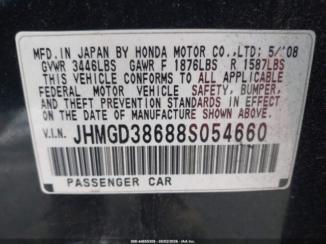 2008 Honda Fit Sport მანქანა იყიდება აუქციონზე, vin: JHMGD38688S054660, აუქციონის ნომერი: 44855308