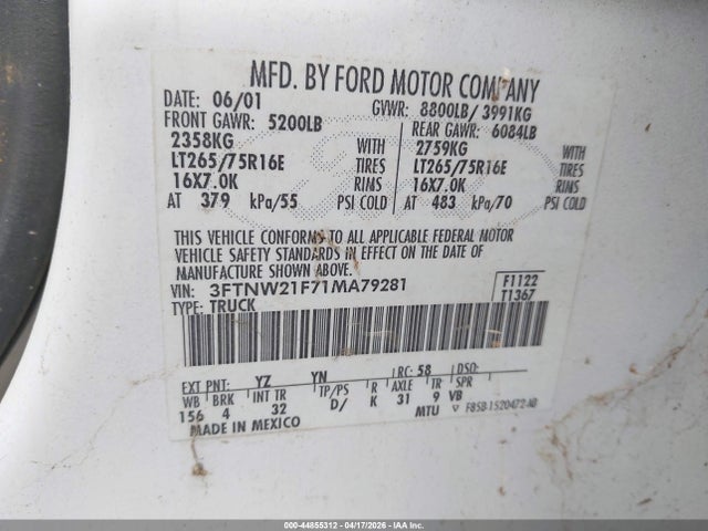 Aukcja sprzedaży 2001 Ford F-250 Lariat/xl/xlt, vin: 3FTNW21F71MA79281, numer aukcji: 44855312