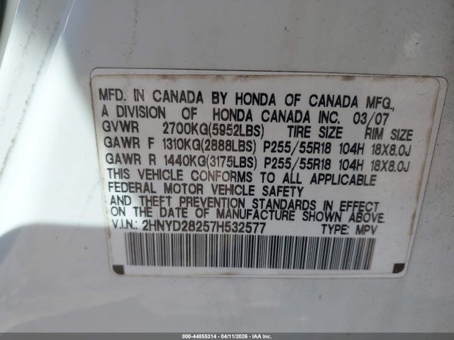 Продаж на аукціоні авто 2007 Acura Mdx, vin: 2HNYD28257H532577, номер лоту: 44855314