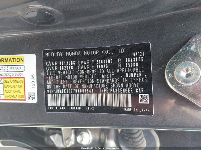 Aukcja sprzedaży 2022 Honda Civic Ex, vin: JHMFE1F77NX007949, numer aukcji: 44855317