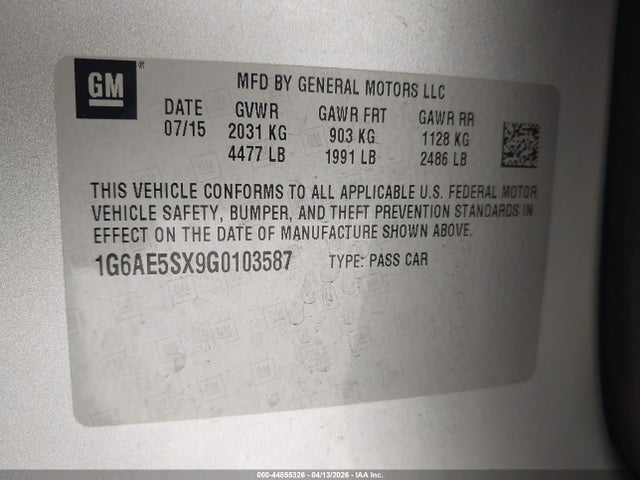 44855326 :رقم المزاد ، 1G6AE5SX9G0103587 vin ، 2016 Cadillac Ats Premium Collection مزاد بيع