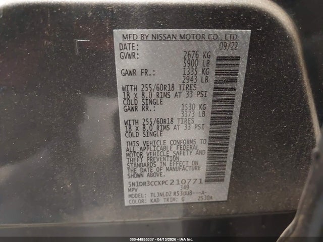 Aukcja sprzedaży 2023 Nissan Pathfinder Sl 4wd, vin: 5N1DR3CCXPC210771, numer aukcji: 44855337
