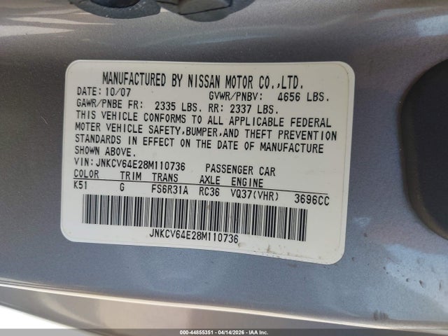 2008 Infiniti G37 Sport მანქანა იყიდება აუქციონზე, vin: JNKCV64E28M110736, აუქციონის ნომერი: 44855351