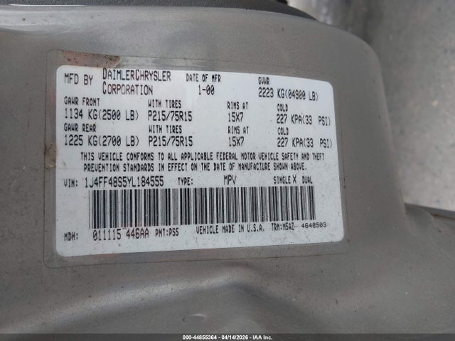 Aukcja sprzedaży 2000 Jeep Cherokee Sport, vin: 1J4FF48S5YL184555, numer aukcji: 44855364