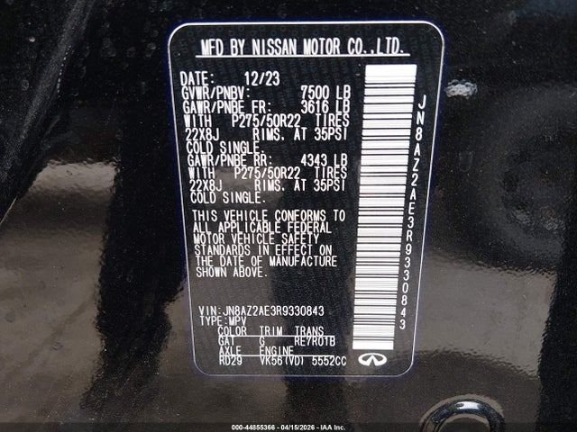 Aukcja sprzedaży 2024 Infiniti Qx80 Premium Select Awd, vin: JN8AZ2AE3R9330843, numer aukcji: 44855366
