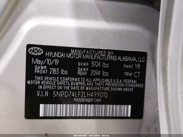 Aukcja sprzedaży 2020 Hyundai Elantra Se, vin: 5NPD74LF2LH499010, numer aukcji: 44855367