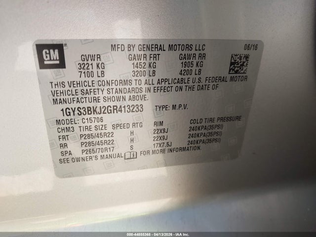 Aukcja sprzedaży 2016 Cadillac Escalade Luxury Collection, vin: 1GYS3BKJ2GR413233, numer aukcji: 44855368