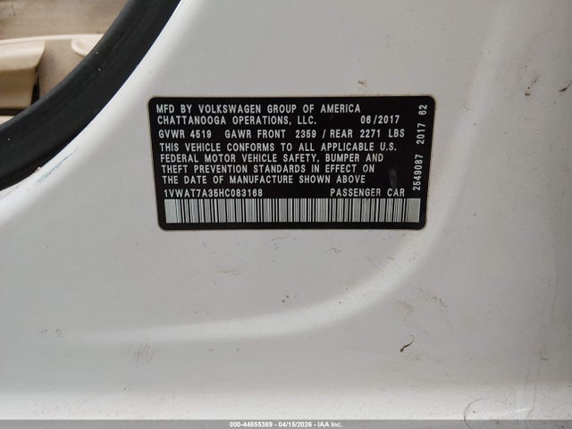 Продаж на аукціоні авто 2017 Volkswagen Passat 1.8t S, vin: 1VWAT7A35HC083168, номер лоту: 44855369