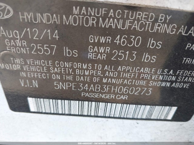 44855387 :رقم المزاد ، 5NPE34AB3FH060273 vin ، 2015 Hyundai Sonata Sport 2.0t مزاد بيع