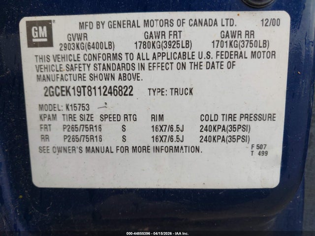 2001 CHEVROLET SILVERADO 1500 2GCEK19T811246822 Photo 8
