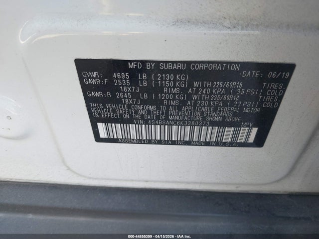 Aukcja sprzedaży 2019 Subaru Outback 2.5i Limited, vin: 4S4BSANC6K3380373, numer aukcji: 44855399