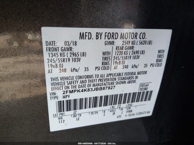44855406 :رقم المزاد ، 2FMPK4K83JBB87927 vin ، 2018 Ford Edge Titanium مزاد بيع