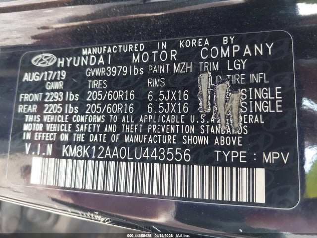 44855425 :رقم المزاد ، KM8K12AA0LU443556 vin ، 2020 Hyundai Kona Se مزاد بيع