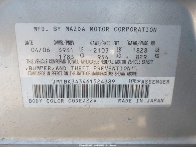 Aukcja sprzedaży 2006 Mazda Mazda3 S Touring, vin: JM1BK343461524389, numer aukcji: 44855431