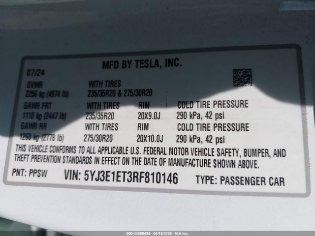 44855434 :رقم المزاد ، 5YJ3E1ET3RF810146 vin ، 2024 Tesla Model 3 Performance All-wheel Drive مزاد بيع