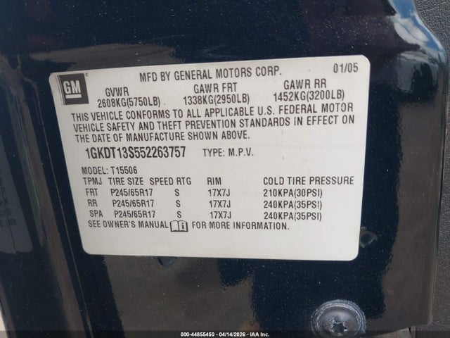 44855450 :رقم المزاد ، 1GKDT13S552263757 vin ، 2005 Gmc Envoy Slt مزاد بيع