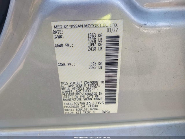 Продажа на аукционе авто 2022 Nissan Altima Sr Fwd, vin: 1N4BL4CV7NN352765, номер лота: 44855453