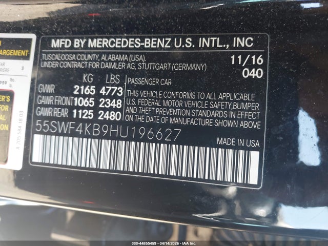 Aukcja sprzedaży 2017 Mercedes-benz C 300 4matic, vin: 55SWF4KB9HU196627, numer aukcji: 44855459