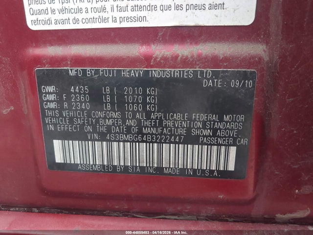 Aukcja sprzedaży 2011 Subaru Legacy 2.5i Premium, vin: 4S3BMBG64B3222447, numer aukcji: 44855483