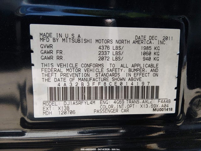 Aukcja sprzedaży 2012 Mitsubishi Galant Es/se, vin: 4A32B3FF8CE014197, numer aukcji: 44855489