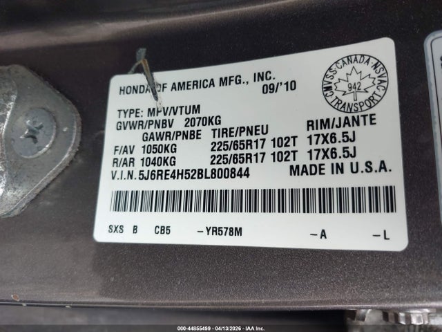 2011 Honda Cr-v Ex მანქანა იყიდება აუქციონზე, vin: 5J6RE4H52BL800844, აუქციონის ნომერი: 44855499