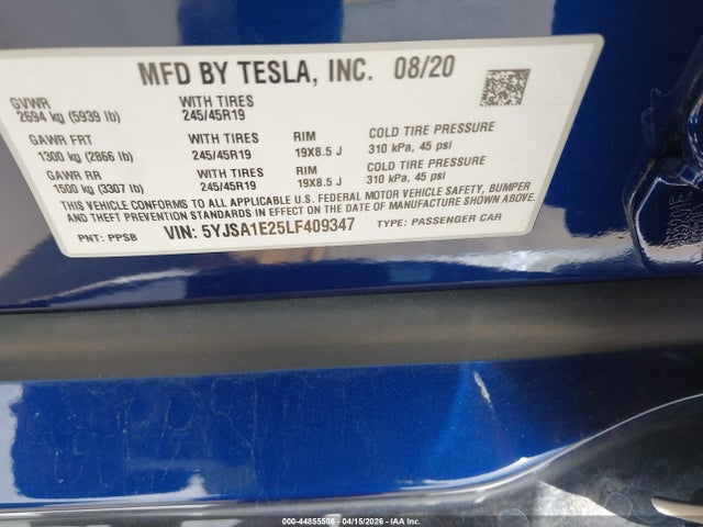 Aukcja sprzedaży 2020 Tesla Model S Long Range Dual Motor All-wheel Drive/long Range Plus Dual Motor All-wheel Drive, vin: 5YJSA1E25LF409347, numer aukcji: 44855506
