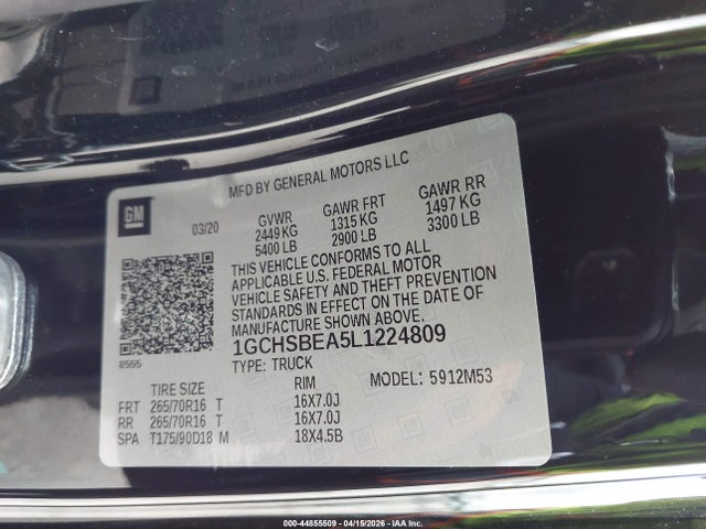 Aukcja sprzedaży 2020 Chevrolet Colorado 2wd  Long Box Wt, vin: 1GCHSBEA5L1224809, numer aukcji: 44855509