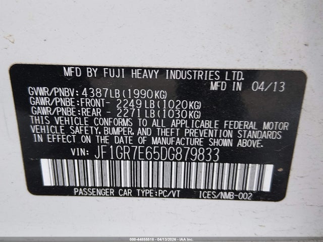 Продаж на аукціоні авто 2013 Subaru Impreza Wrx Limited, vin: JF1GR7E65DG879833, номер лоту: 44855518