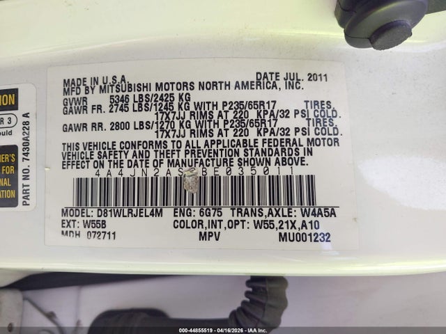 Продаж на аукціоні авто 2011 Mitsubishi Endeavor, vin: 4A4JN2AS2BE035011, номер лоту: 44855519