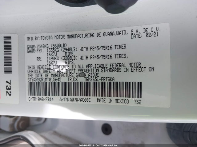 Продажа на аукционе авто 2021 Toyota Tacoma Sr5, vin: 3TYAX5GN1MT015645, номер лота: 44855523
