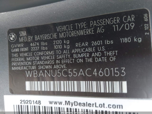 2010 Bmw 528i მანქანა იყიდება აუქციონზე, vin: WBANU5C55AC460153, აუქციონის ნომერი: 44855525