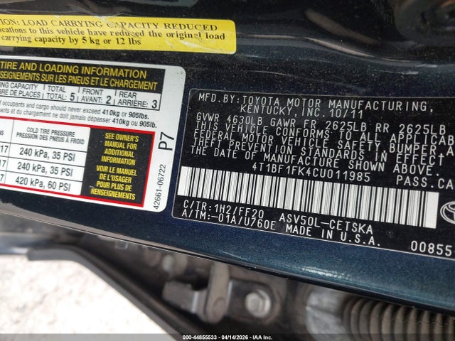 Aukcja sprzedaży 2012 Toyota Camry Se, vin: 4T1BF1FK4CU011985, numer aukcji: 44855533