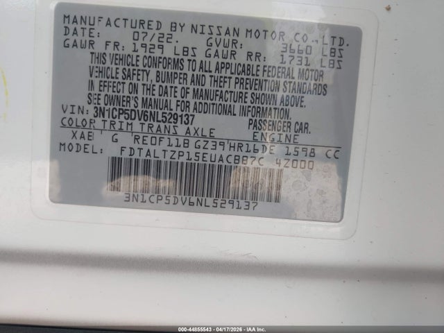 Продаж на аукціоні авто 2022 Nissan Kicks Sr Xtronic Cvt, vin: 3N1CP5DV6NL529137, номер лоту: 44855543