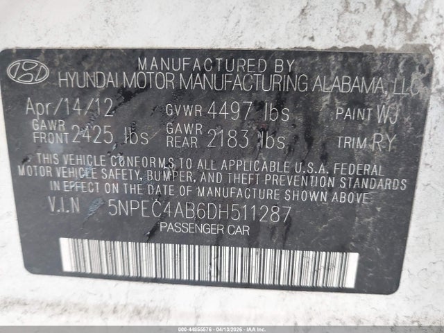 2013 Hyundai Sonata Limited 2.0t მანქანა იყიდება აუქციონზე, vin: 5NPEC4AB6DH511287, აუქციონის ნომერი: 44855576