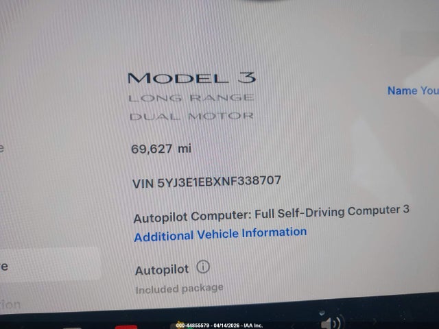 Aukcja sprzedaży 2022 Tesla Model 3 Long Range Dual Motor All-wheel Drive, vin: 5YJ3E1EBXNF338707, numer aukcji: 44855579