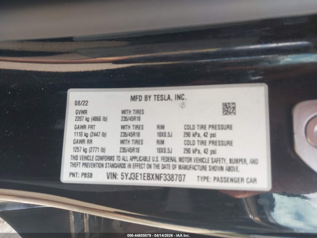 Aukcja sprzedaży 2022 Tesla Model 3 Long Range Dual Motor All-wheel Drive, vin: 5YJ3E1EBXNF338707, numer aukcji: 44855579