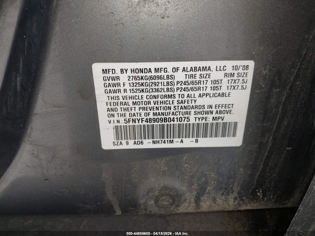 44855600 :رقم المزاد ، 5FNYF48909B041075 vin ، 2009 Honda Pilot Touring مزاد بيع