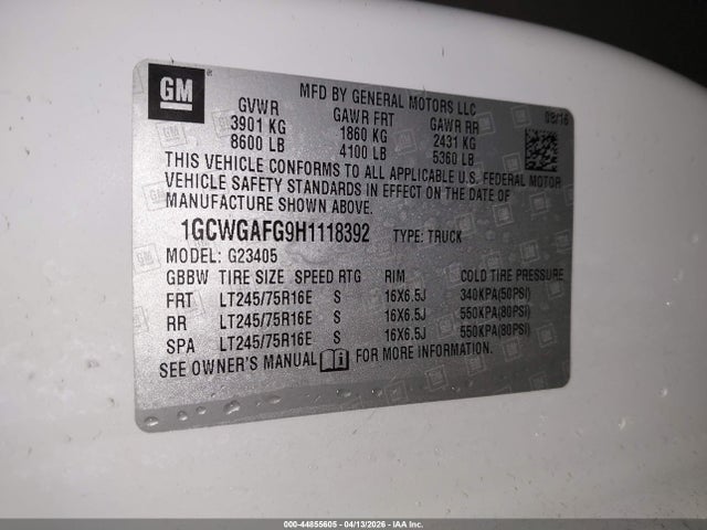 1GCWGAFG9H1118392 Chevrolet Express 2500 Work Van