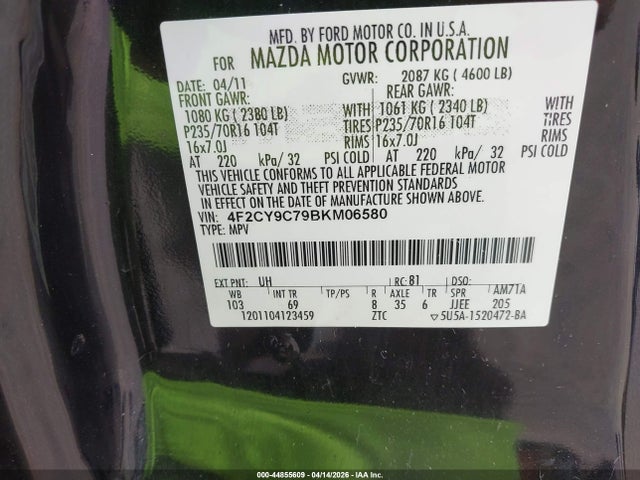 Продажа на аукционе авто 2011 Mazda Tribute I Grand Touring, vin: 4F2CY9C79BKM06580, номер лота: 44855609