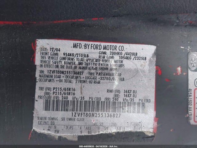 44855635 :رقم المزاد ، 1ZVFT80N255136827 vin ، 2005 Ford Mustang V6 Deluxe/v6 Premium مزاد بيع