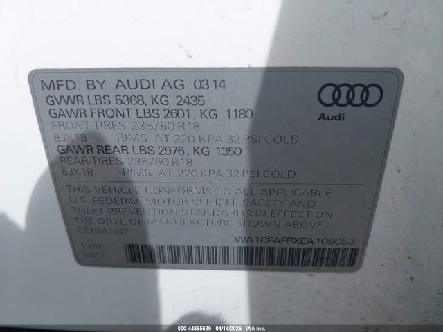44855639 :رقم المزاد ، WA1CFAFPXEA106053 vin ، 2014 Audi Q5 2.0t Premium مزاد بيع